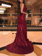Magnifique robe de bal sirène sans manches à col en V et à volants et sequins
