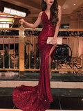Magnifique robe de bal sirène sans manches à col en V et à volants et sequins