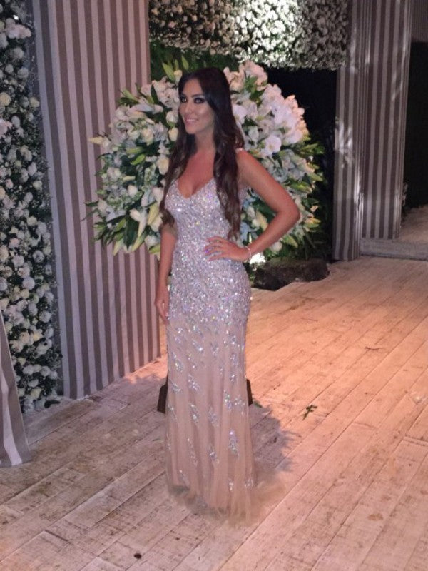 Preciosos vestidos de fiesta de sirena sin mangas con escote en V, tul y cristales