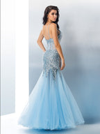Magnifique robe de bal sirène à fines bretelles, sequins et sans manches, longue en tulle et sans manches.