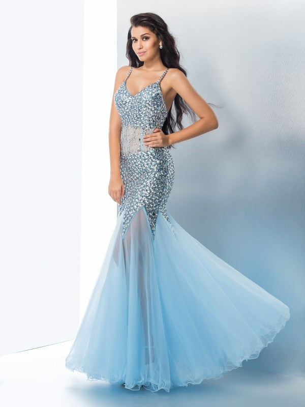 Magnifique robe de bal sirène à fines bretelles, sequins et sans manches, longue en tulle et sans manches.