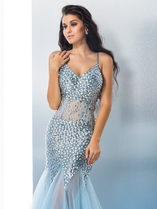Magnifique robe de bal sirène à fines bretelles, sequins et sans manches, longue en tulle et sans manches.