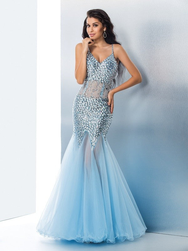 Magnifique robe de bal sirène à fines bretelles, sequins et sans manches, longue en tulle et sans manches.