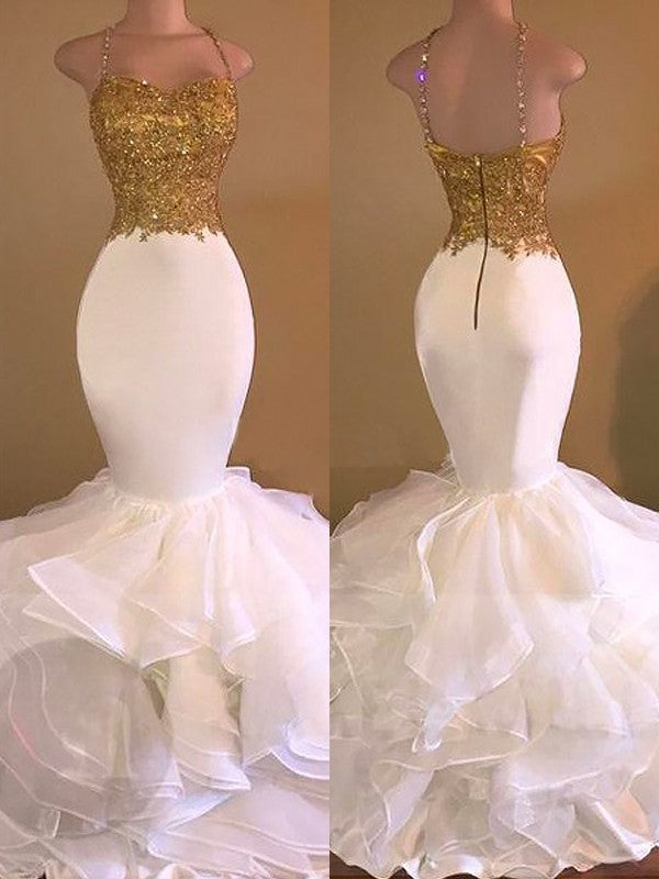 Magnifiques robes de bal sirène à fines bretelles, sans manches, en organza orné d'appliqués et longues jusqu'au sol