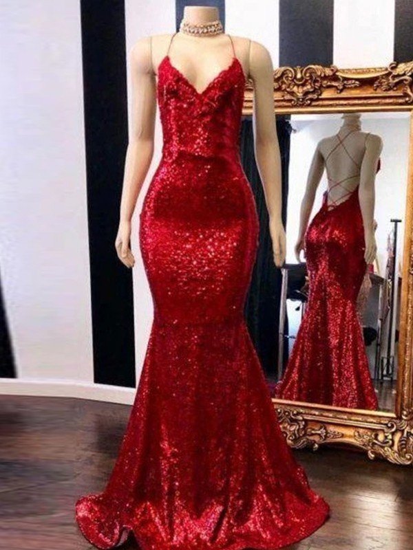 Preciosos vestidos de fiesta de sirena con tirantes finos, sin mangas y lentejuelas