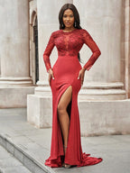 Preciosos vestidos de fiesta de sirena con apliques de spandex, escote redondo y mangas largas.
