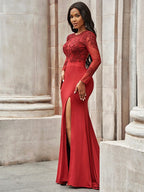 Preciosos vestidos de fiesta de sirena con apliques de spandex, escote redondo y mangas largas.