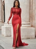 Preciosos vestidos de fiesta de sirena con apliques de spandex, escote redondo y mangas largas.