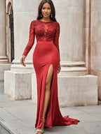 Preciosos vestidos de fiesta de sirena con apliques de spandex, escote redondo y mangas largas.