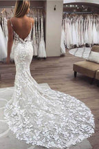 Magnifique robe de mariée sirène à bretelles et dos nu en dentelle WD305