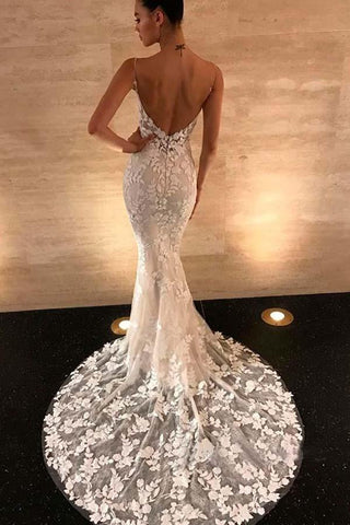 Magnifique robe de mariée sirène à bretelles et dos nu en dentelle WD305