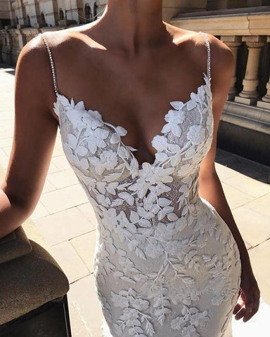 Magnifique robe de mariée sirène à bretelles et dos nu en dentelle WD305