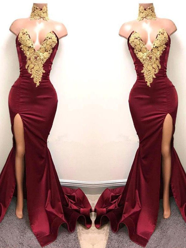 Magnifiques robes de bal sirène à décolleté cœur sans manches en satin appliqué