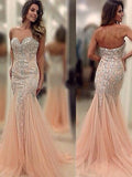 Preciosos vestidos de fiesta de sirena con escote corazón, sin mangas, de tul y cuentas