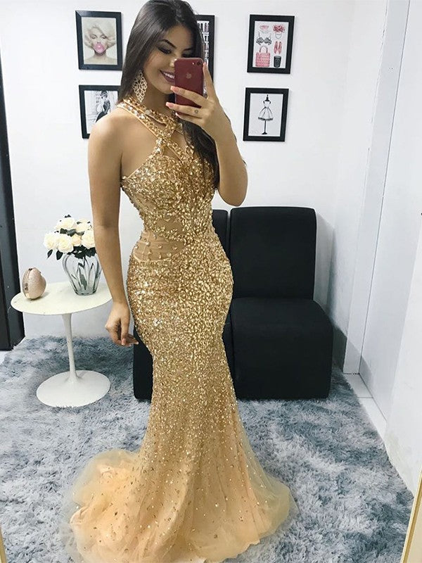 Superbes robes de bal sirène en tulle et perles, col licou, sans manches