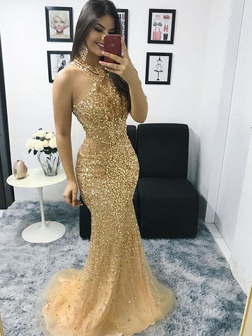 Preciosos vestidos de fiesta de sirena sin mangas con cuello halter, tul y cuentas