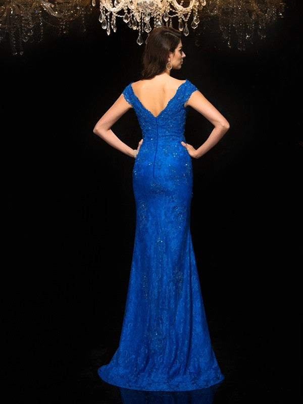 Magnifique robe de bal sirène en dentelle sans manches à col V pour la mère de la mariée