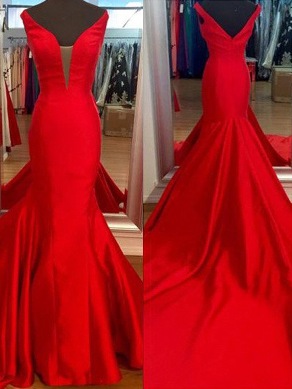 Magnifiques robes de bal sirène sans manches en satin à col en V