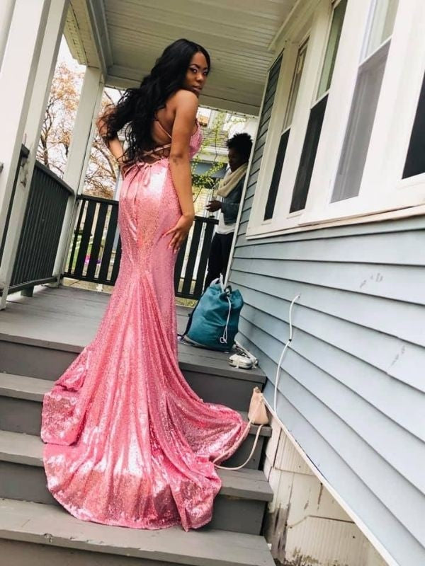 Magnifiques robes de bal sirène à col en V, sans manches, à sequins et volants