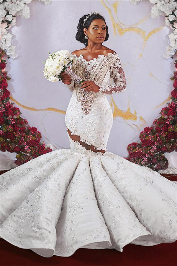 Magnifique robe de mariée sirène à épaules dénudées, manches longues, volants et perles appliquées