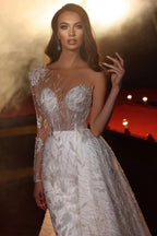 Magnifique robe de mariée sirène asymétrique à manches longues et dentelle