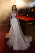 Magnifique robe de mariée sirène asymétrique à manches longues et dentelle