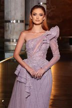 Magnifique robe de bal asymétrique à manches longues et sequins, coupe trapèze, ornée de volants