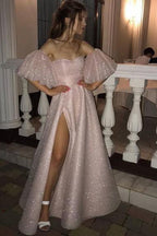 Gorgeous Pearl Pink Sequins High Split A-line Formal Dresses with Bracelet