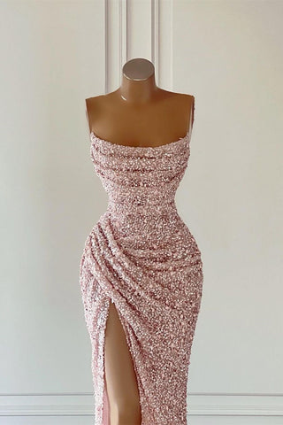 Superbe robe de bal rose sans manches à paillettes avec fente
