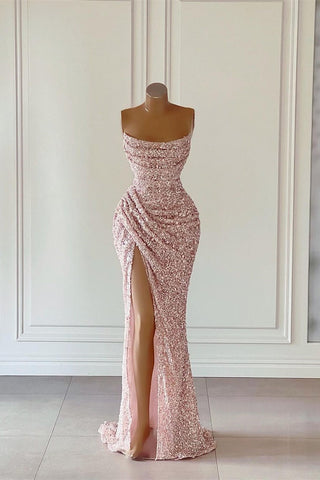 Superbe robe de bal rose sans manches à paillettes avec fente