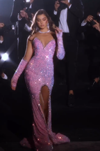 Gorgeous Pink Sleeveless Split Front Mermaid Prom Dress With Glitter