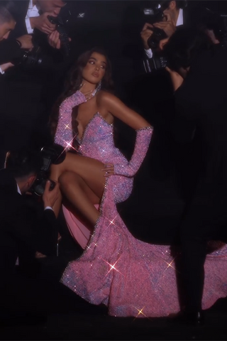 Gorgeous Pink Sleeveless Split Front Mermaid Prom Dress With Glitter