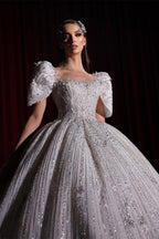 Gorgeous Princess A-line Beading Short Sleeves Wedding Dress With Lace