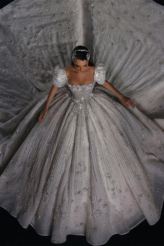 Precioso vestido de novia de corte princesa, corte en A, con mangas cortas, bordado de encaje y cuentas.