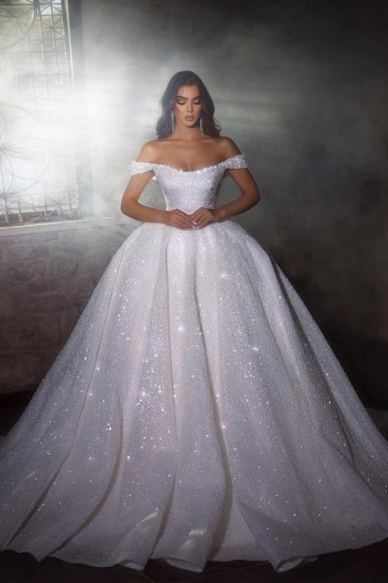 Magnifiques robes de mariée princesse trapèze à épaules dénudées avec paillettes