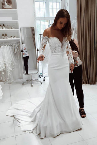 Magnifique robe de mariée longue blanche à col rond et coupe sirène WD233