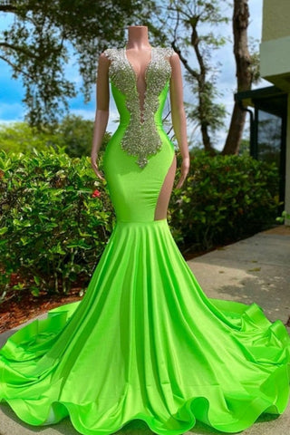 Gorgeous Sequined V-neck Sleeveless Stretch Satin Mermaid Prom Dress with Appliques