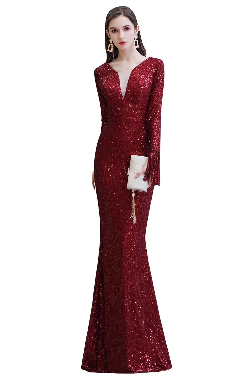 Preciosos vestidos de noche de sirena con lentejuelas, manga larga y escote en V