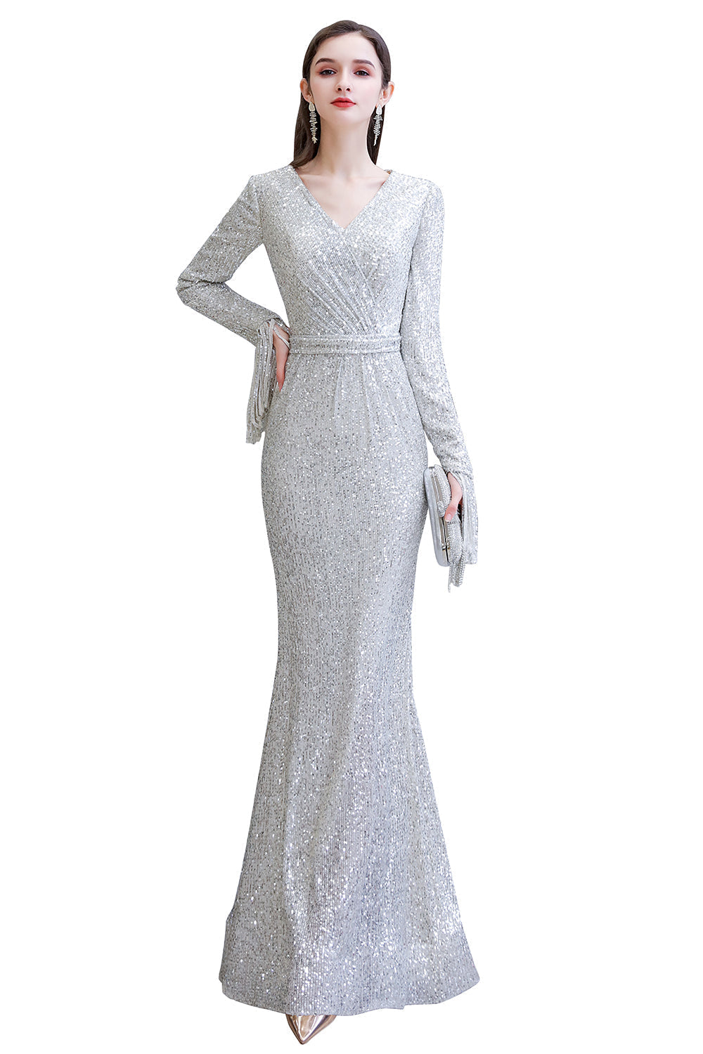 Preciosos vestidos de noche de sirena con lentejuelas, manga larga y escote en V