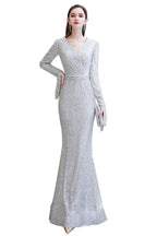 Preciosos vestidos de noche de sirena con lentejuelas, manga larga y escote en V