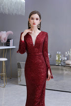 Preciosos vestidos de noche de sirena con lentejuelas, manga larga y escote en V