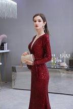 Preciosos vestidos de noche de sirena con lentejuelas, manga larga y escote en V