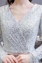 Preciosos vestidos de noche de sirena con lentejuelas, manga larga y escote en V