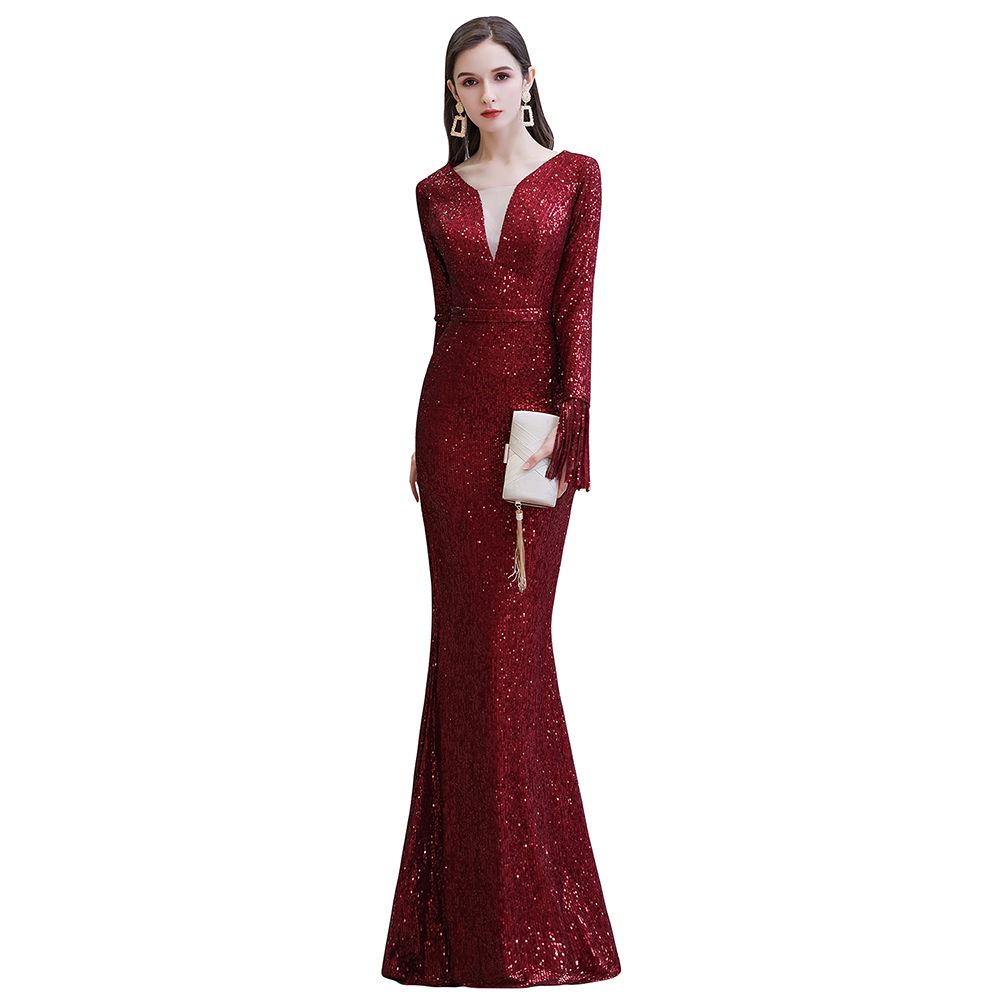 Preciosos vestidos de noche de sirena con lentejuelas, manga larga y escote en V