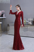 Preciosos vestidos de noche de sirena con lentejuelas, manga larga y escote en V