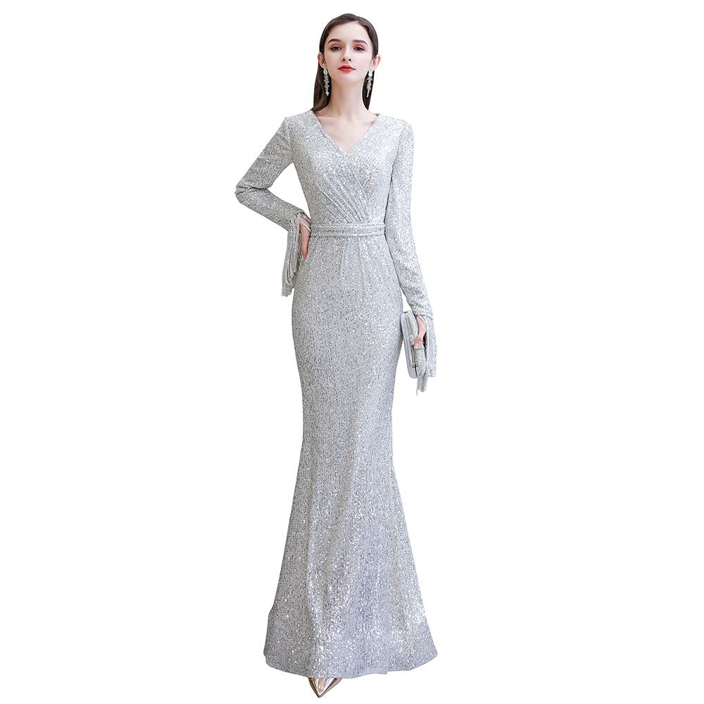 Preciosos vestidos de noche de sirena con lentejuelas, manga larga y escote en V