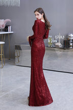 Preciosos vestidos de noche de sirena con lentejuelas, manga larga y escote en V