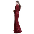 Preciosos vestidos de noche de sirena con lentejuelas, manga larga y escote en V