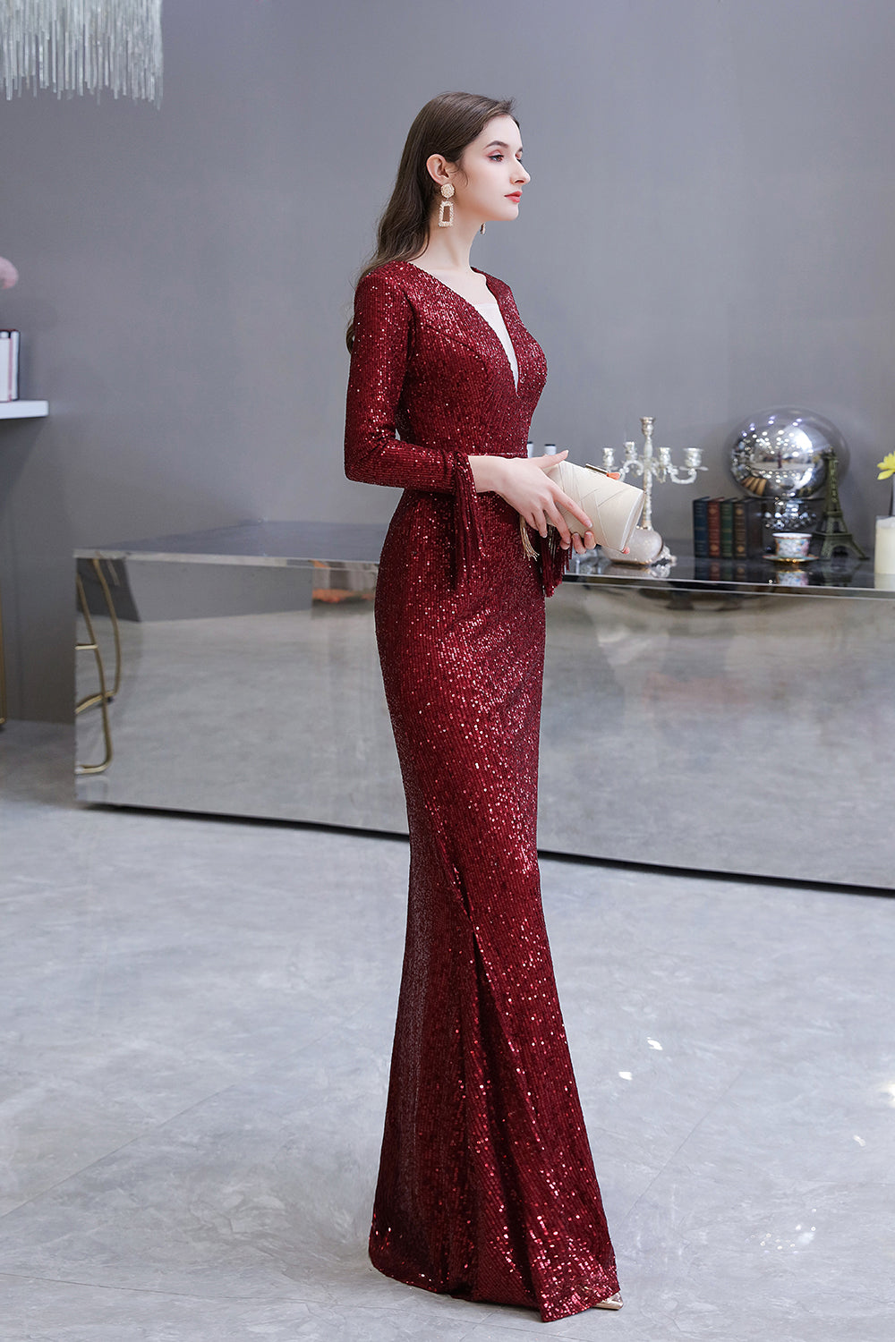 Preciosos vestidos de noche de sirena con lentejuelas, manga larga y escote en V