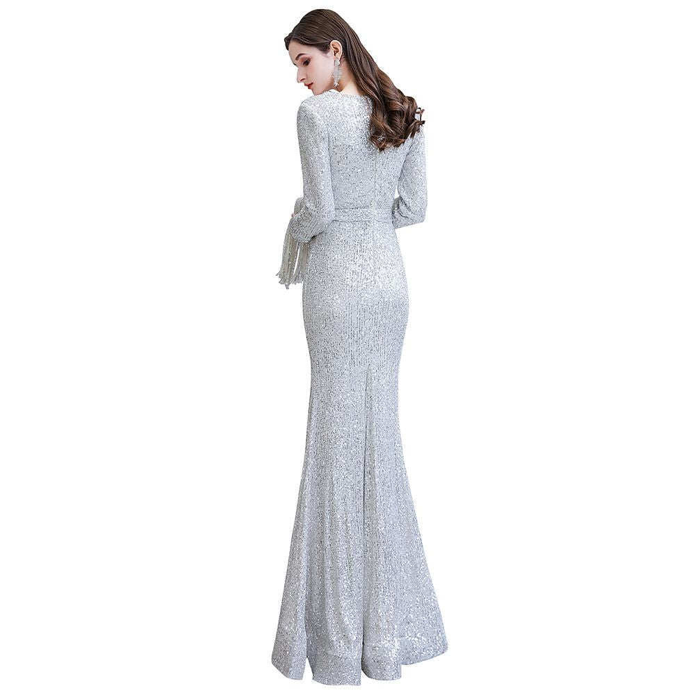 Preciosos vestidos de noche de sirena con lentejuelas, manga larga y escote en V